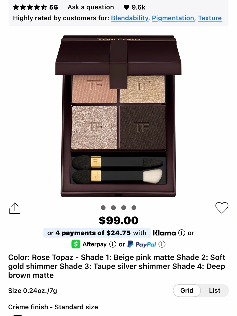 Tom Ford Rose Topaz Eyeshadow Quad - Beige Pink & Deep Brown